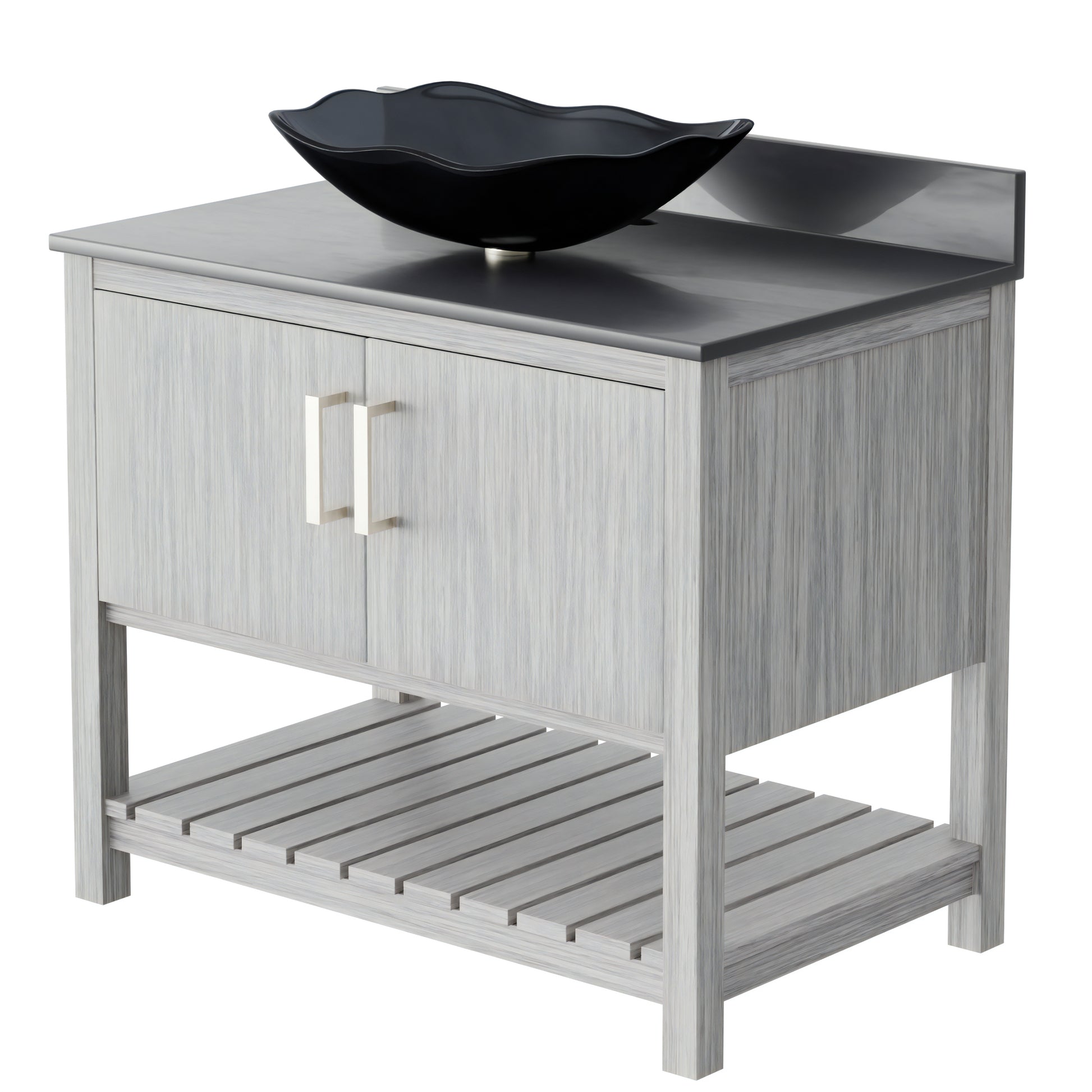36-inch Novatto bath vanity with storm grey quartz countertop and integrated sink, showcasing modern bathroom accessory design.