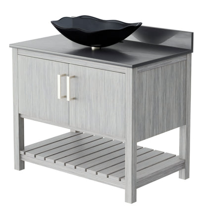 36-inch Novatto bath vanity with storm grey quartz countertop and integrated sink, showcasing modern bathroom accessory design.