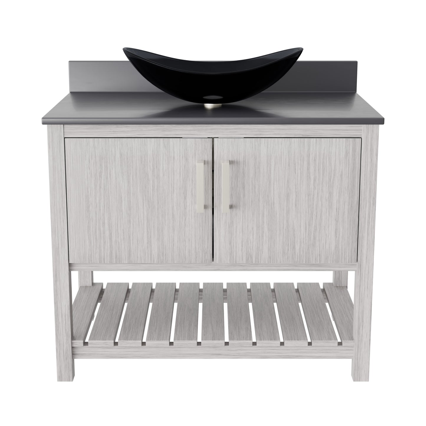 Novatto 36-inch bath vanity with storm grey quartz countertop and integrated sink, modern bathroom accessory.