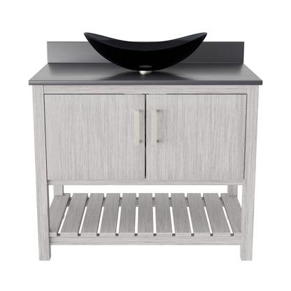 Novatto 36-inch bath vanity with storm grey quartz countertop and integrated sink, modern bathroom accessory.