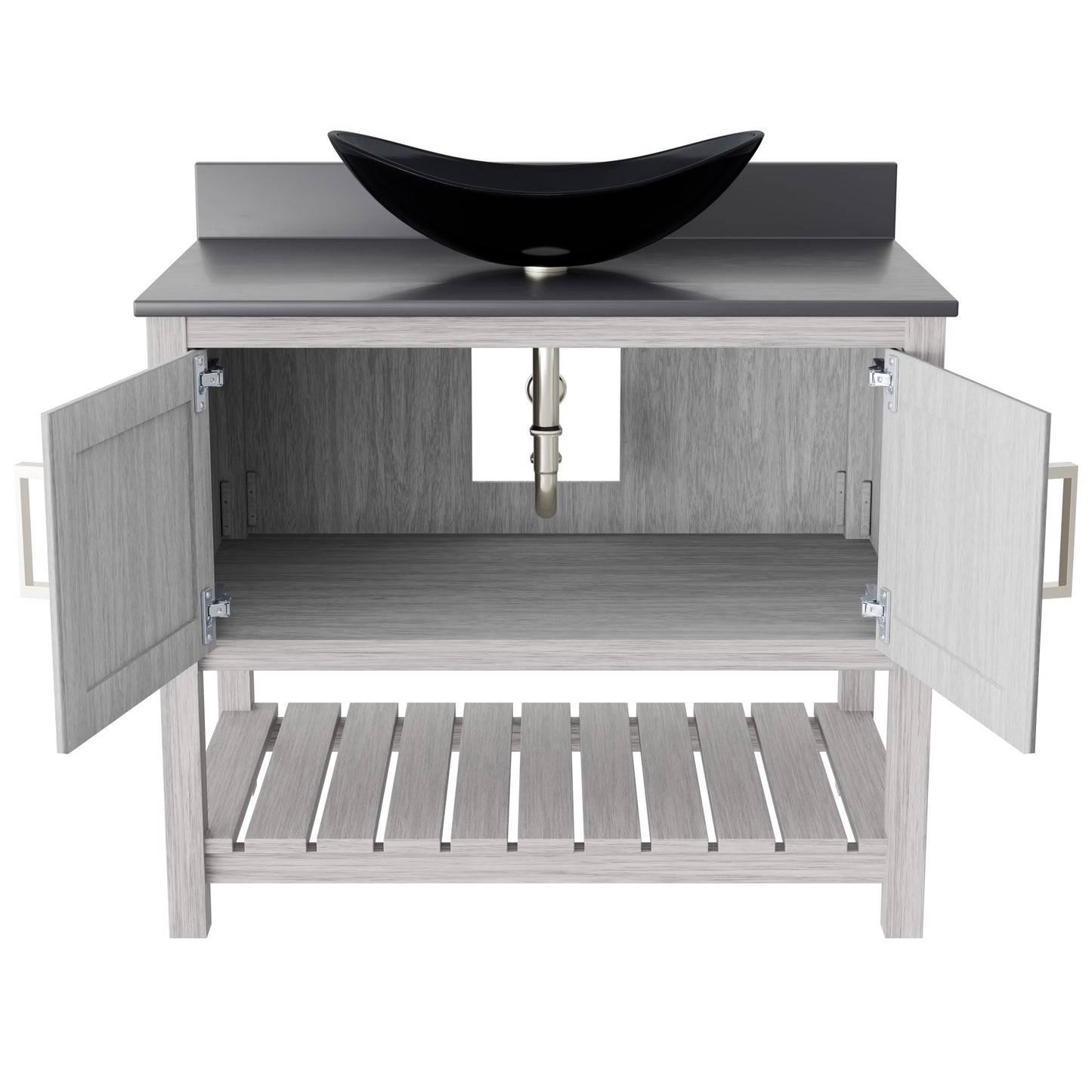Novatto 36-inch bath vanity with storm grey quartz countertop and integrated sink, showcasing sleek bathroom accessory design.