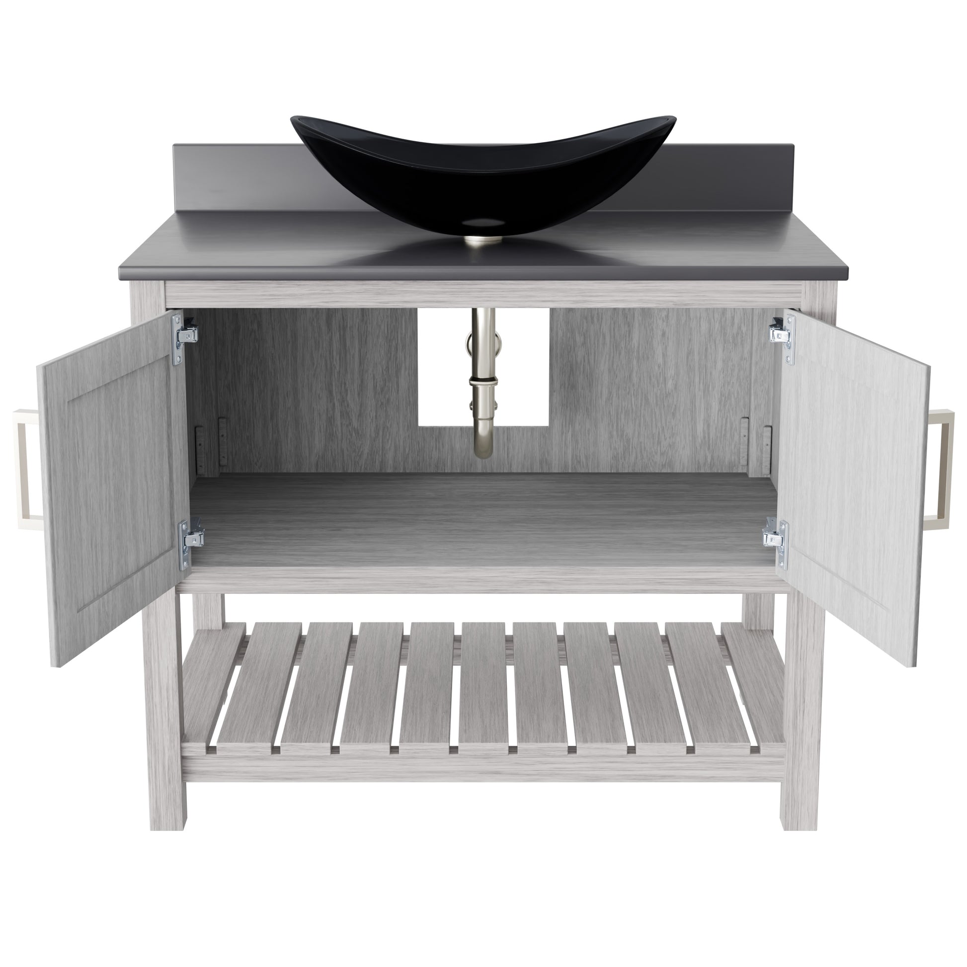Novatto 36-inch bath vanity with storm grey quartz countertop and integrated sink, showcasing sleek bathroom accessory design.