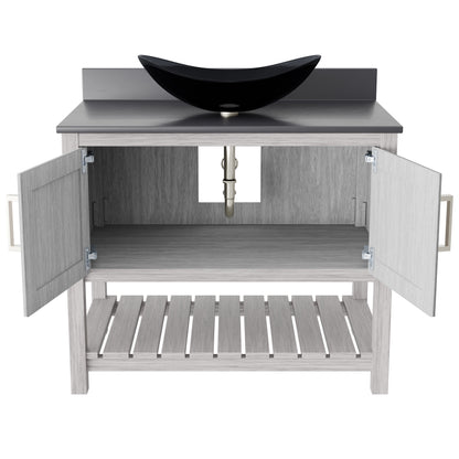 Novatto 36-inch bath vanity with storm grey quartz countertop and integrated sink, showcasing sleek bathroom accessory design.