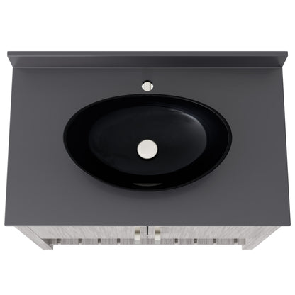 36-inch Novatto bath vanity with storm grey quartz countertop and sink, showcasing sleek bathroom accessory design.