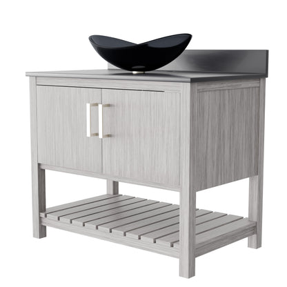 Novatto 36-inch bath vanity with storm grey quartz countertop and integrated sink, showcasing sleek bathroom accessory design.