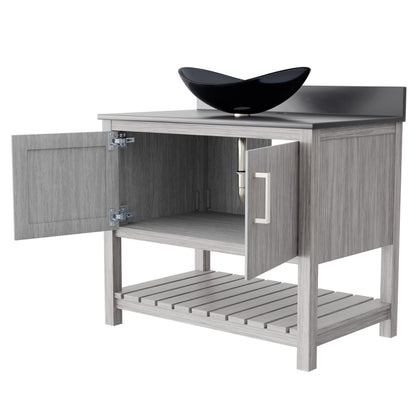 36-inch Novatto bath vanity with storm grey quartz countertop and sink, showcasing sleek bathroom accessory design.