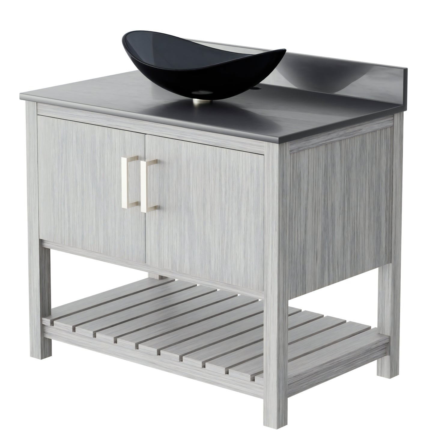 Novatto 36-inch bath vanity with storm grey quartz countertop and sink, featuring modern cabinet and sleek design.