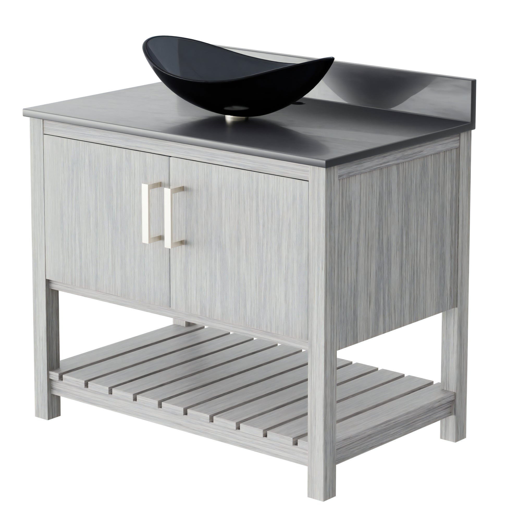 Novatto 36-inch bath vanity with storm grey quartz countertop and sink, featuring modern cabinet and sleek design.