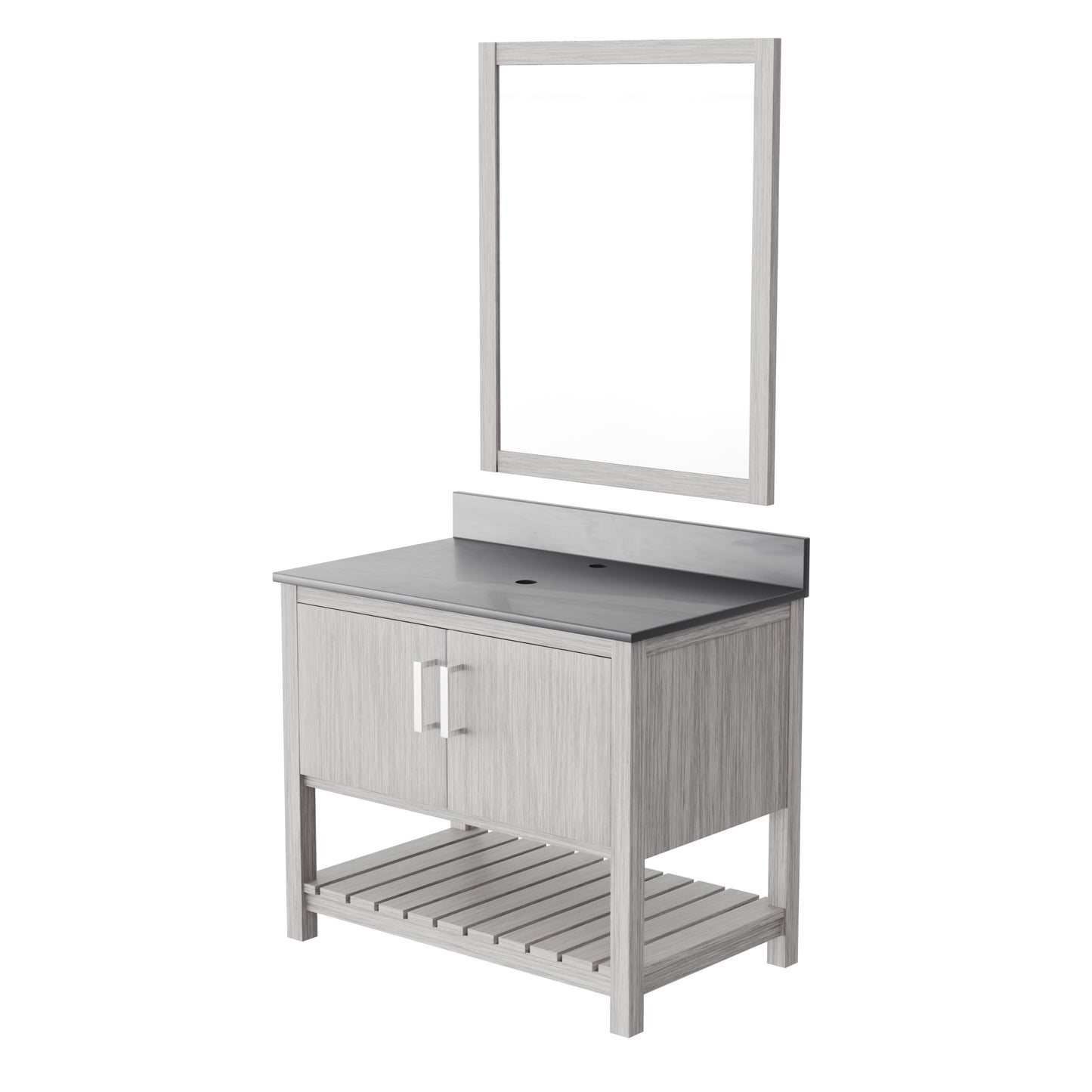 36-inch Novatto vanity with Storm Grey Quartz countertop, featuring a sleek bathroom accessory design and modern style.