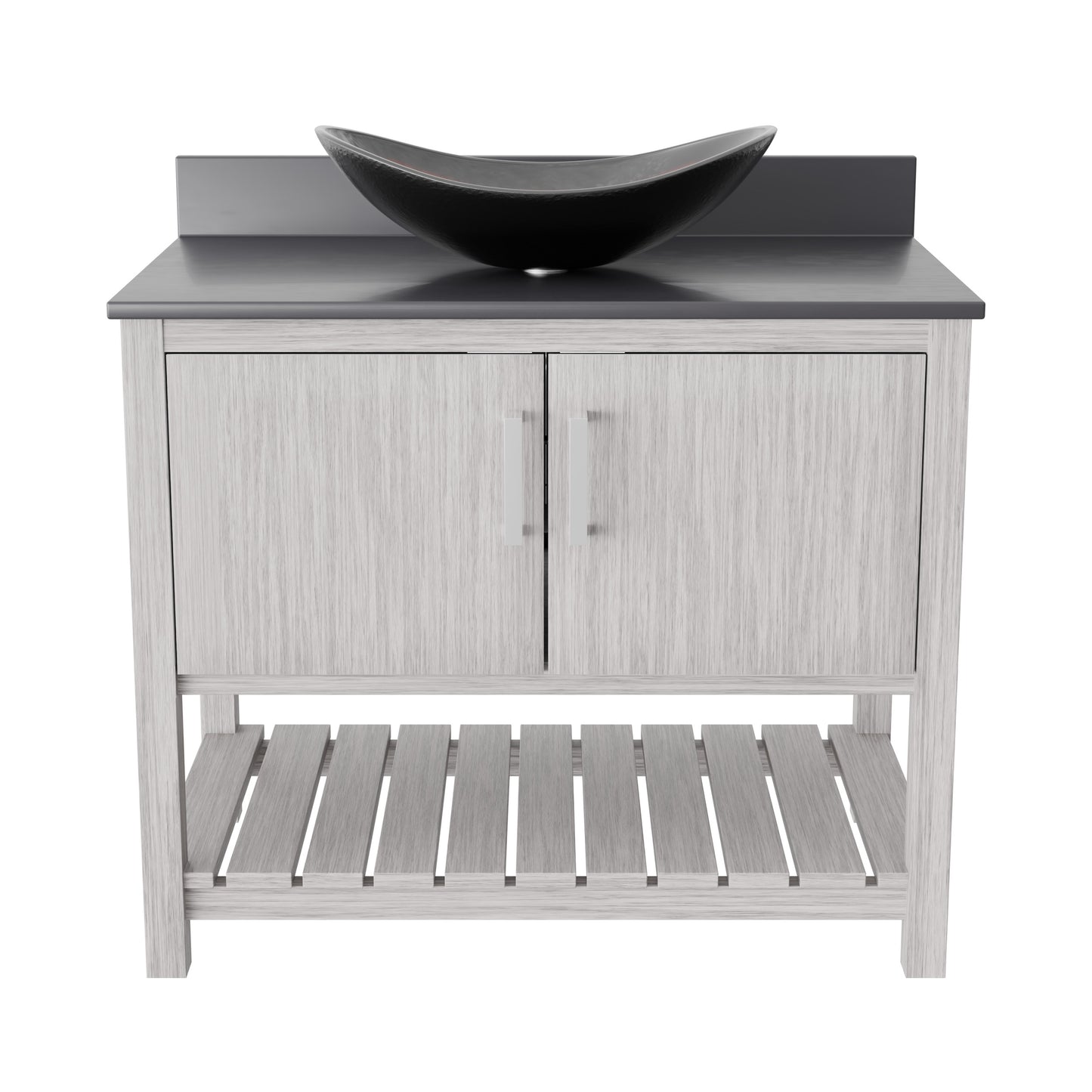 Novatto 36-inch bath vanity with storm grey quartz countertop and sink, showing sleek design and modern bathroom accessory