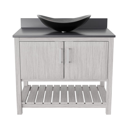 Novatto 36-inch bath vanity with storm grey quartz countertop and sink, showing sleek design and modern bathroom accessory