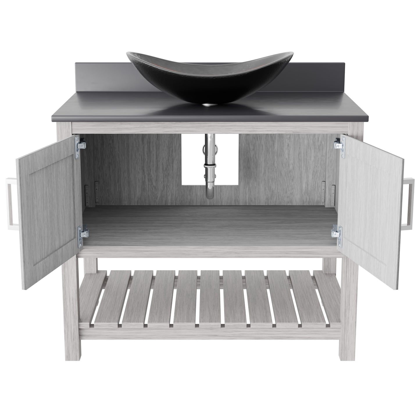 Novatto 36-inch bath vanity with storm grey quartz countertop and integrated sink, showcasing sleek bathroom accessory design.