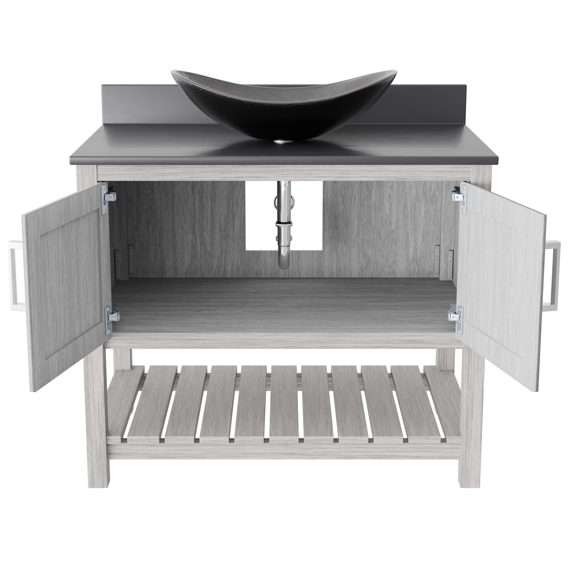 Novatto 36-inch bath vanity with storm grey quartz countertop and integrated sink, showcasing sleek bathroom accessory design.