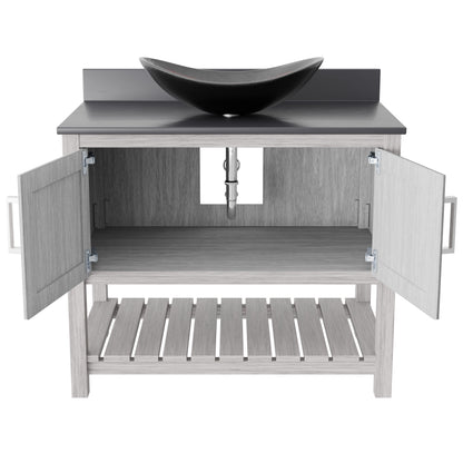 Novatto 36-inch bath vanity with storm grey quartz countertop and integrated sink, showcasing sleek bathroom accessory design.
