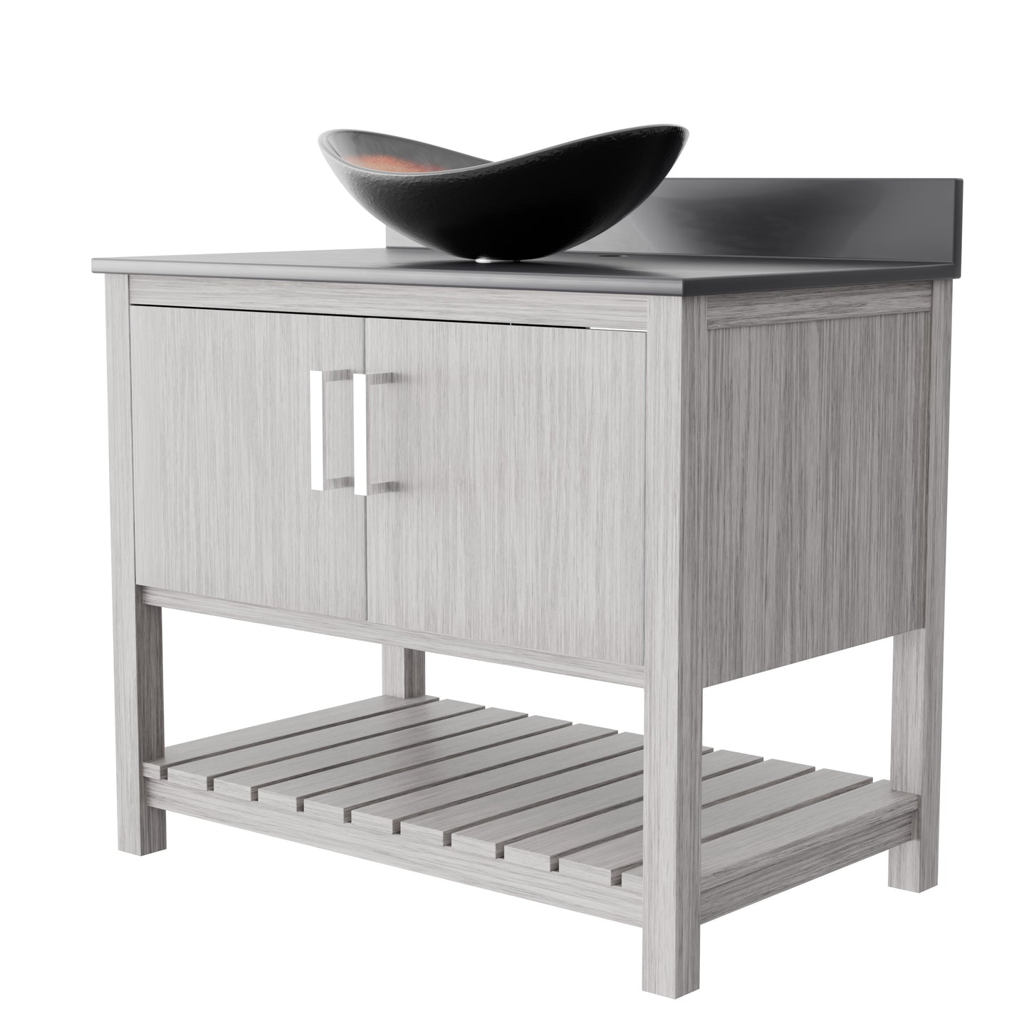 Novatto 36-inch bath vanity with storm grey quartz countertop and integrated sink, modern bathroom accessory.