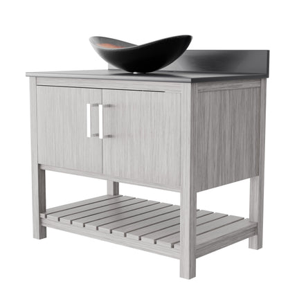 Novatto 36-inch bath vanity with storm grey quartz countertop and integrated sink, modern bathroom accessory.