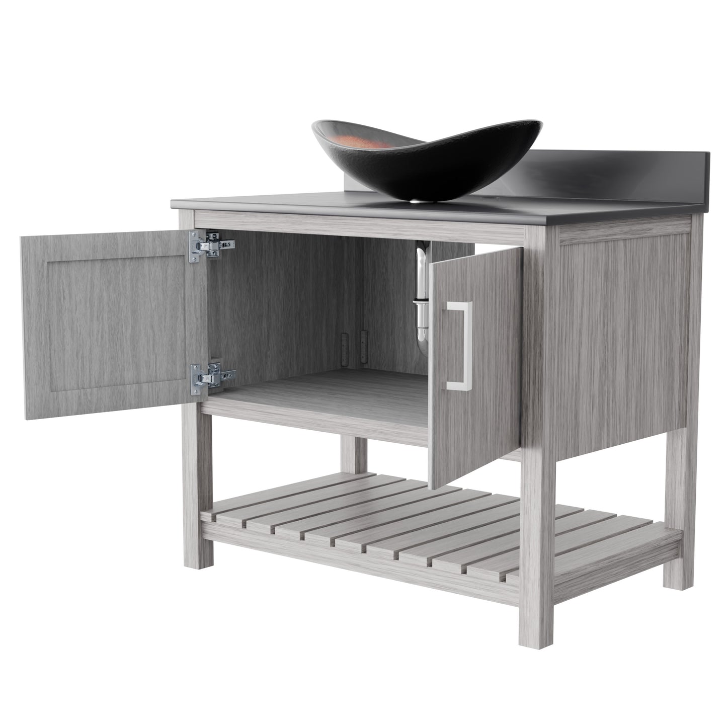 36-inch Novatto bath vanity with storm grey quartz countertop and sink, showcasing sleek modern bathroom accessory design.