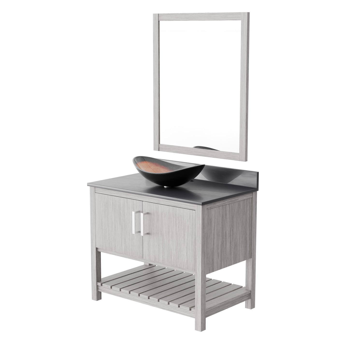36-inch Novatto bath vanity with storm grey quartz countertop and integrated sink, showcasing sleek, modern bathroom accessory design.