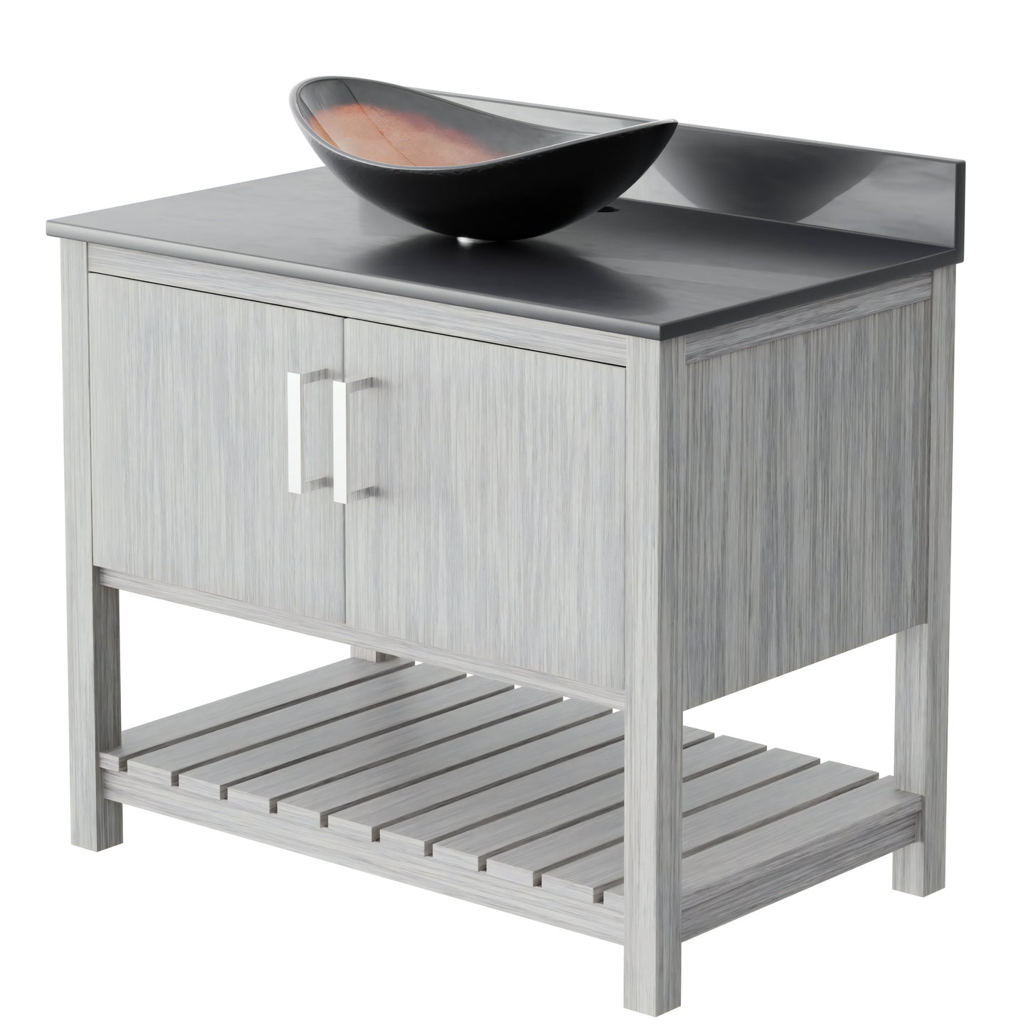 Novatto 36-inch bath vanity with storm grey quartz countertop and sink, showcasing sleek bathroom accessory design.