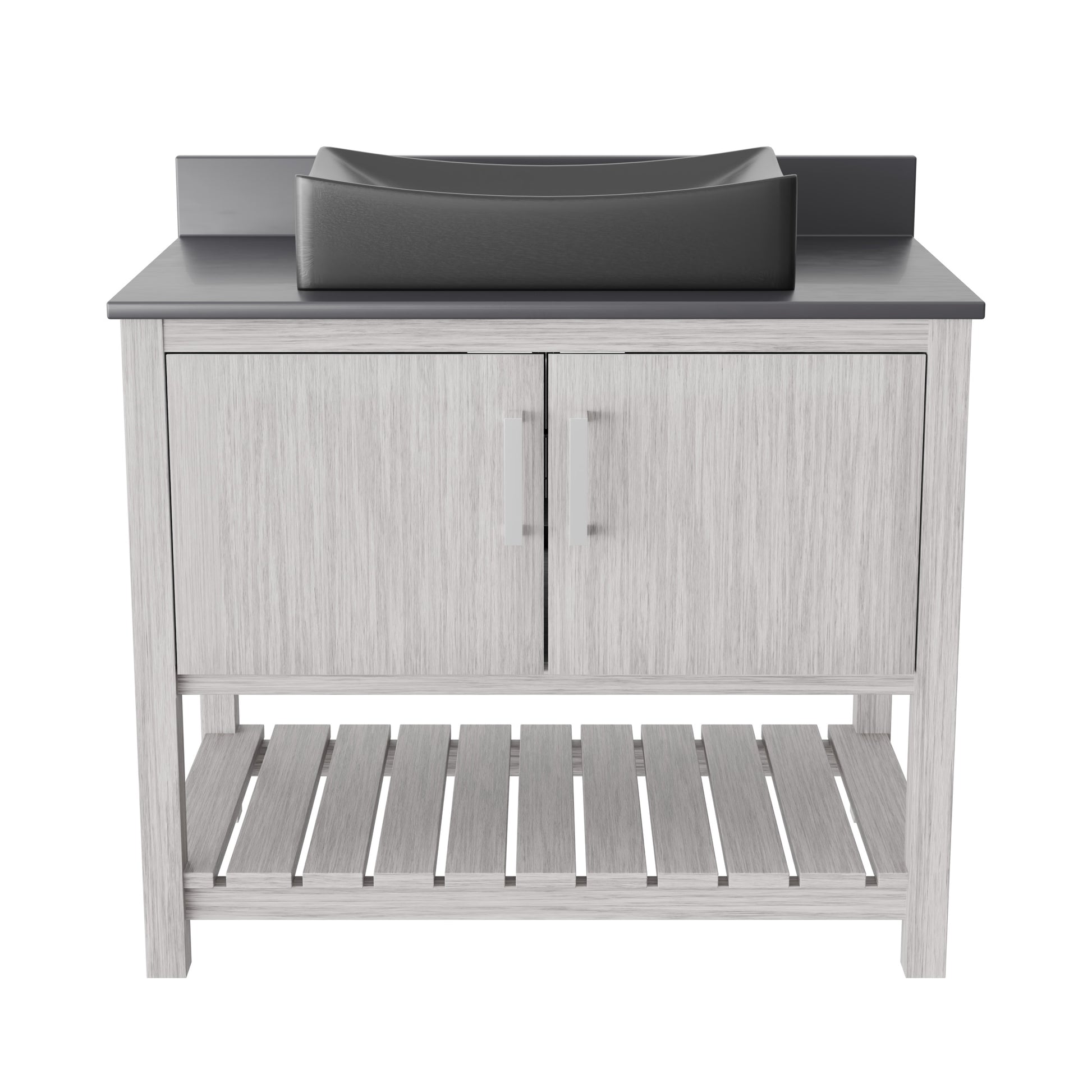 36-inch Novatto bathroom vanity with storm grey quartz countertop and integrated sink, showcasing sleek modern design.