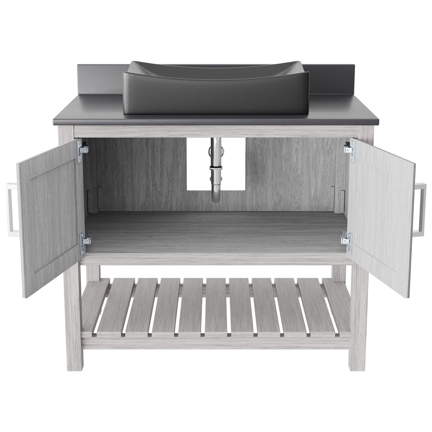 36-inch Novatto bathroom vanity with storm grey quartz countertop and integrated sink, modern accessory for bathroom decor