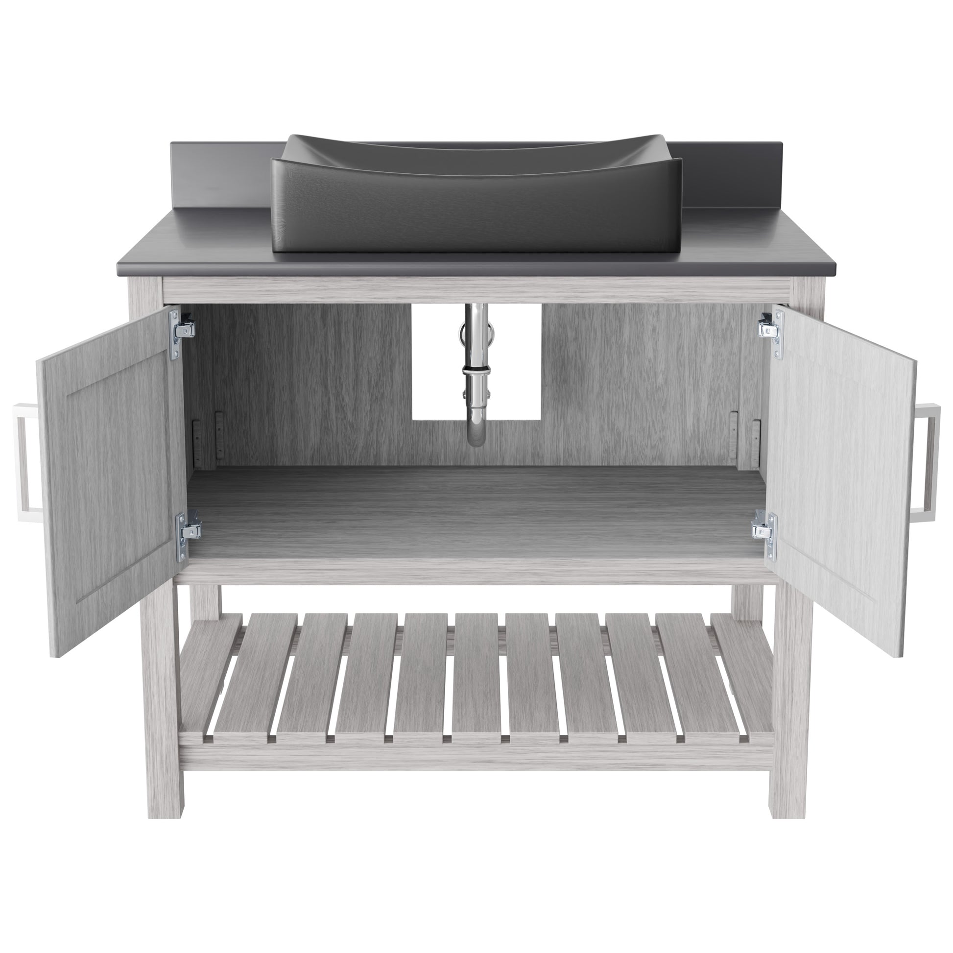 36-inch Novatto bathroom vanity with storm grey quartz countertop and integrated sink, modern accessory for bathroom decor