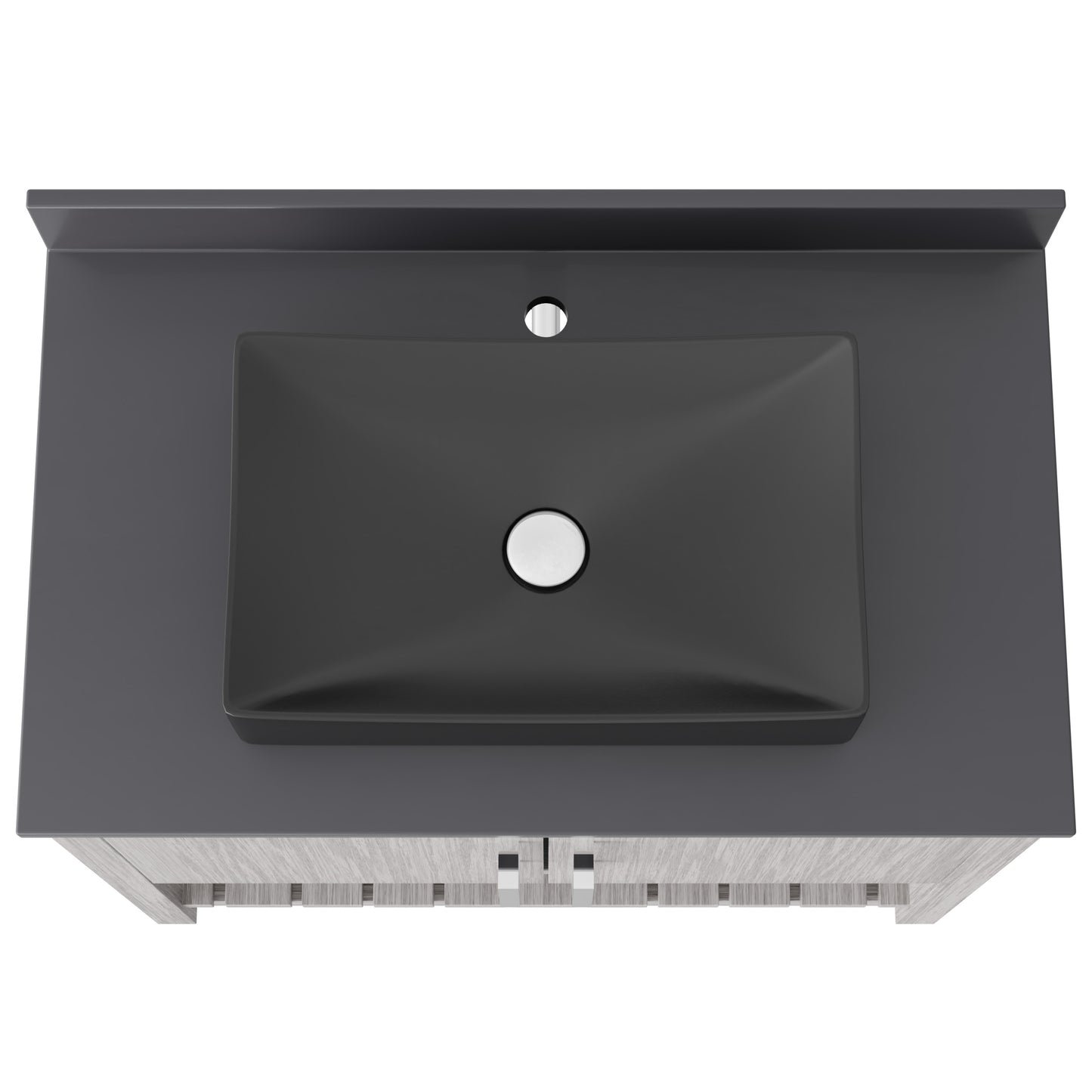 36-inch Novatto bath vanity with storm grey quartz countertop and sink, showcasing sleek bathroom accessory design.