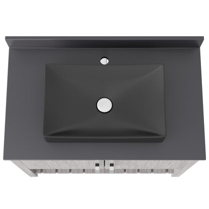 36-inch Novatto bath vanity with storm grey quartz countertop and sink, showcasing sleek bathroom accessory design.