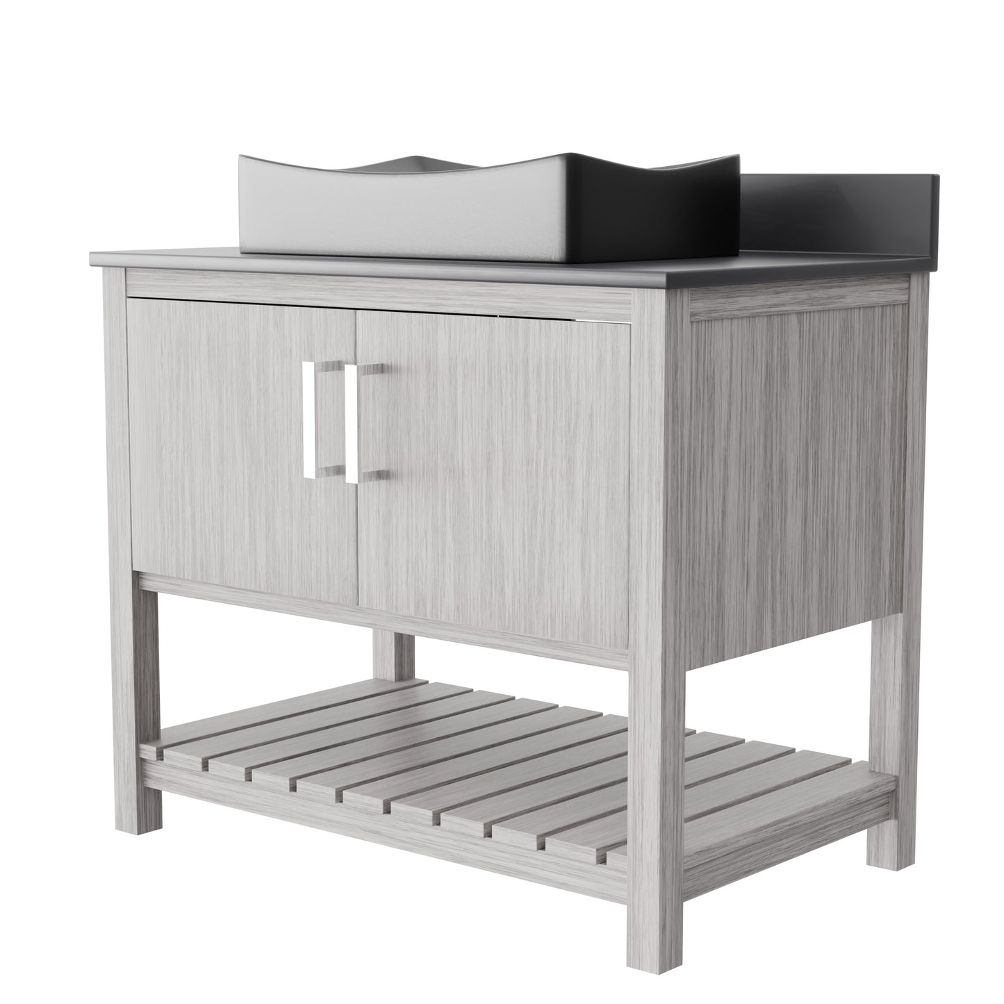36-inch Novatto bath vanity with storm grey quartz countertop and integrated sink, modern bathroom accessory.