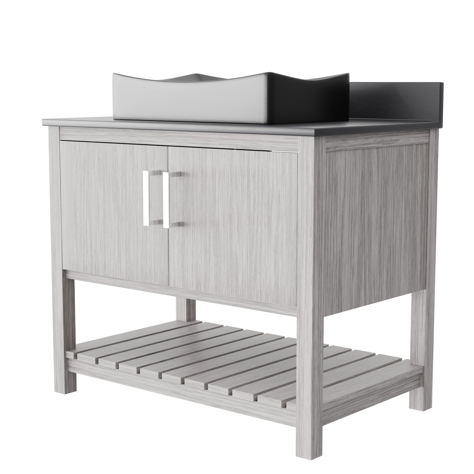 36-inch Novatto bath vanity with storm grey quartz countertop and integrated sink, modern bathroom accessory.