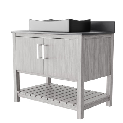 36-inch Novatto bath vanity with storm grey quartz countertop and integrated sink, modern bathroom accessory.