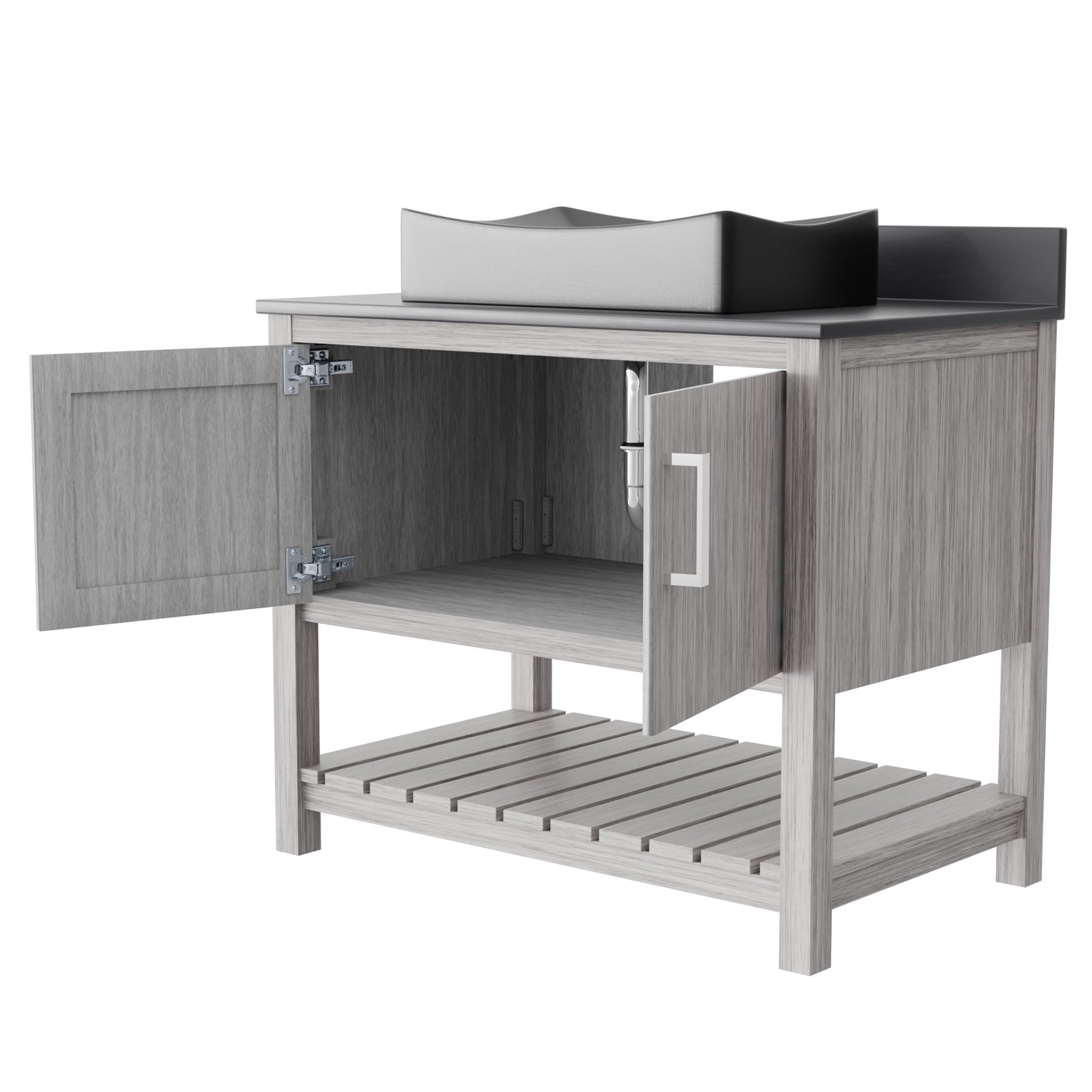 36-inch Novatto bathroom vanity with storm grey quartz countertop and sink, showcasing modern bathroom accessory design.