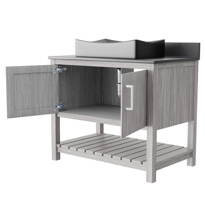 36-inch Novatto bathroom vanity with storm grey quartz countertop and sink, showcasing modern bathroom accessory design.