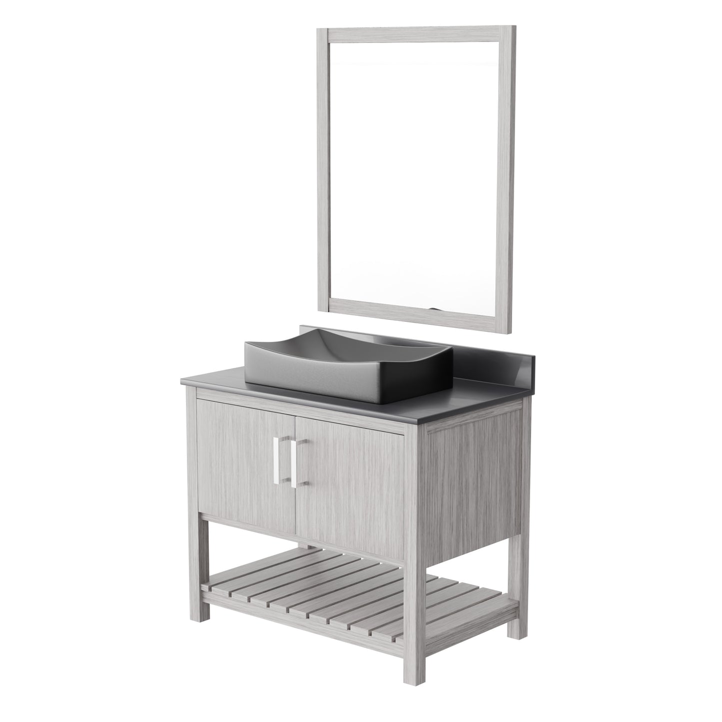 36-inch Novatto bath vanity with storm grey quartz countertop and integrated sink, modern bathroom accessory.