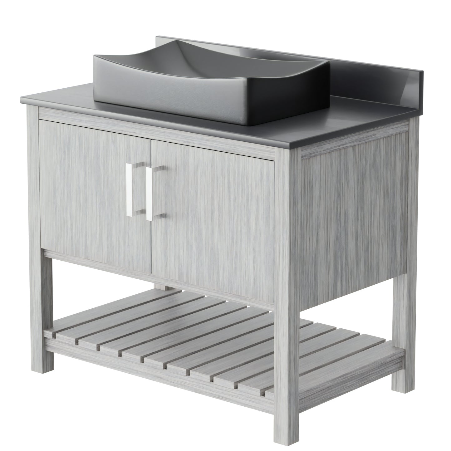 36-inch Novatto bath vanity with storm grey quartz countertop and sink, showcasing sleek bathroom accessory design