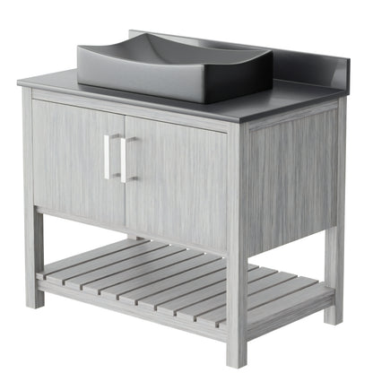 36-inch Novatto bath vanity with storm grey quartz countertop and sink, showcasing sleek bathroom accessory design