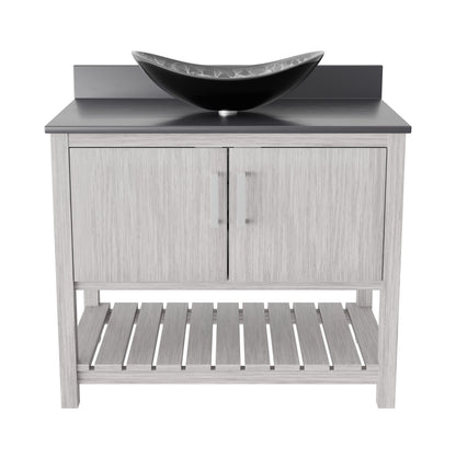 36-inch Novatto bathroom vanity with storm grey quartz countertop and integrated sink, featuring modern accessory design.