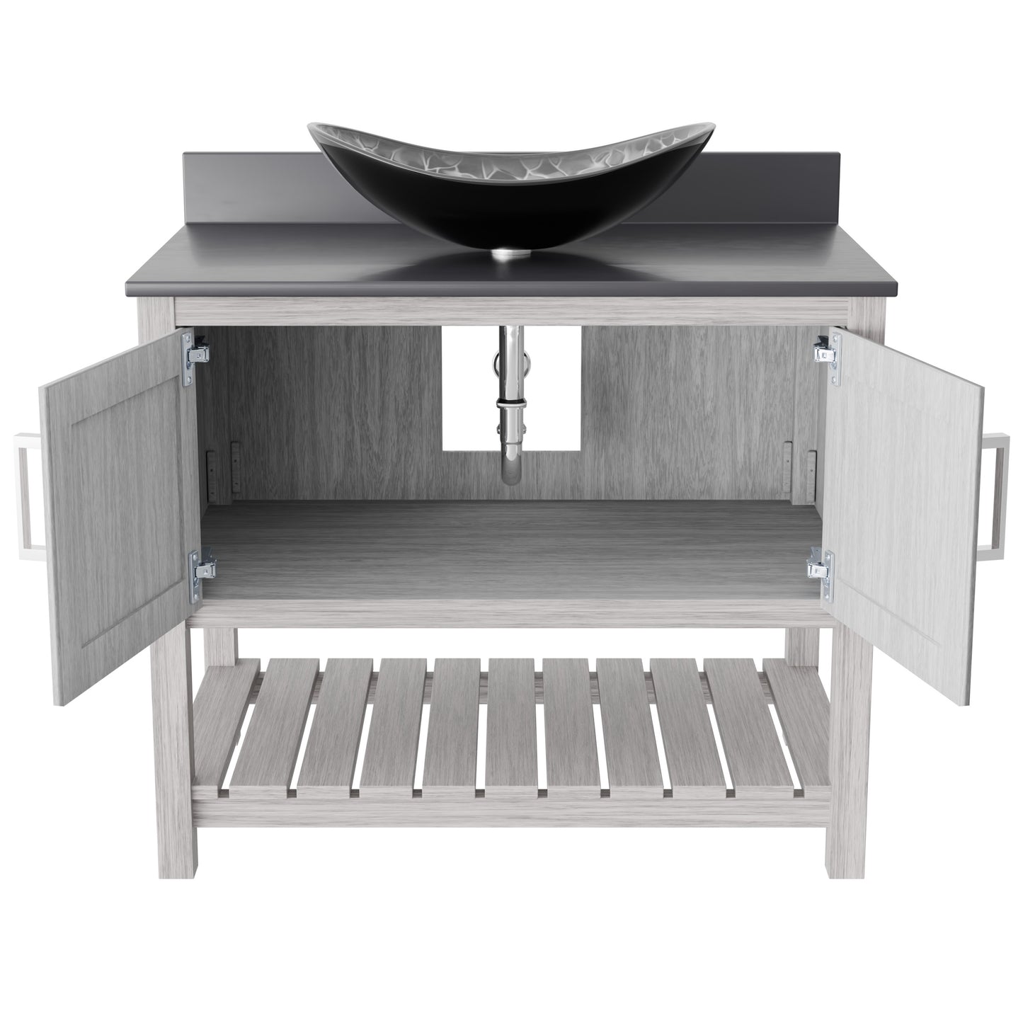 Novatto 36-inch bathroom vanity with storm grey quartz countertop and integrated sink, modern accessory for bathroom decor.