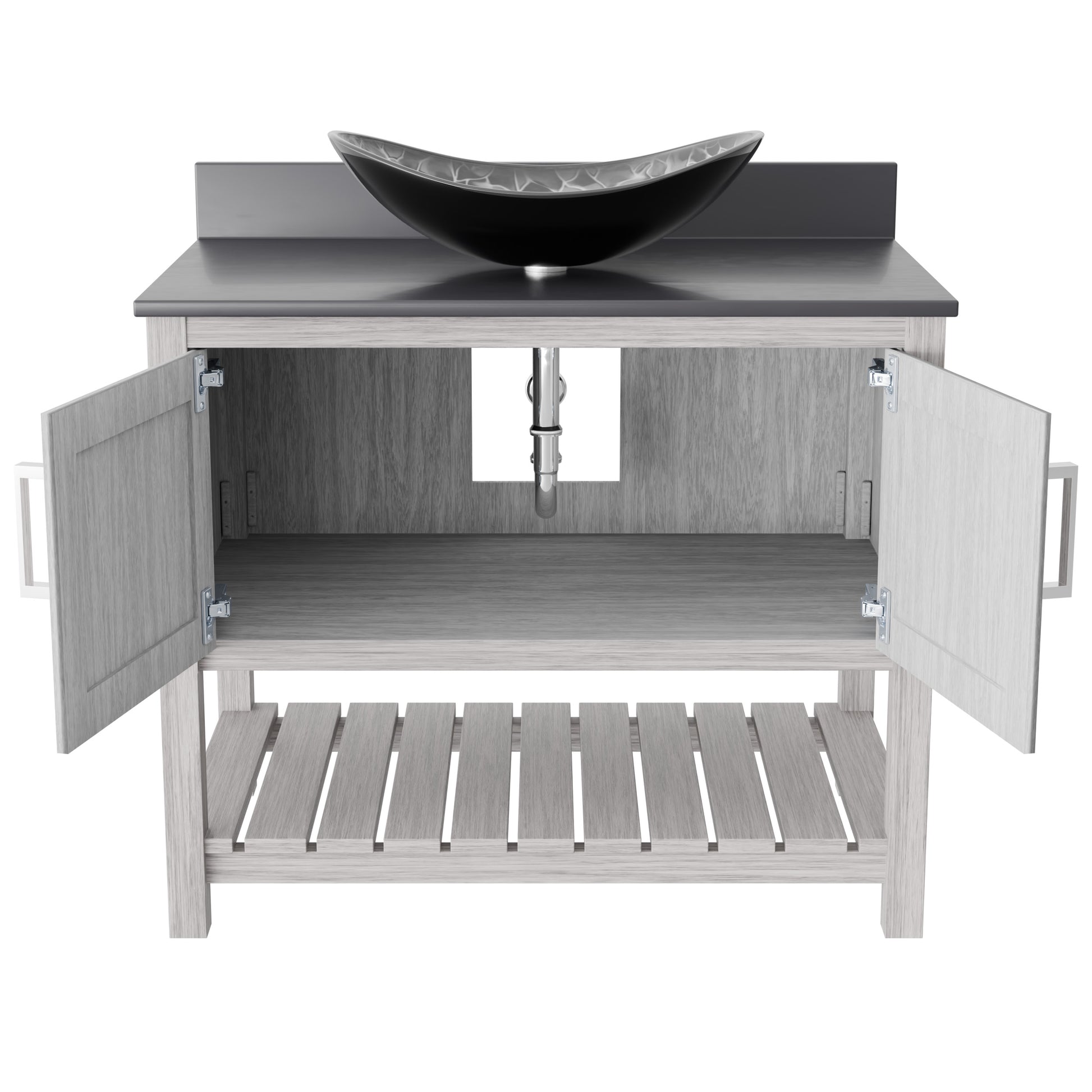 Novatto 36-inch bathroom vanity with storm grey quartz countertop and integrated sink, modern accessory for bathroom decor.