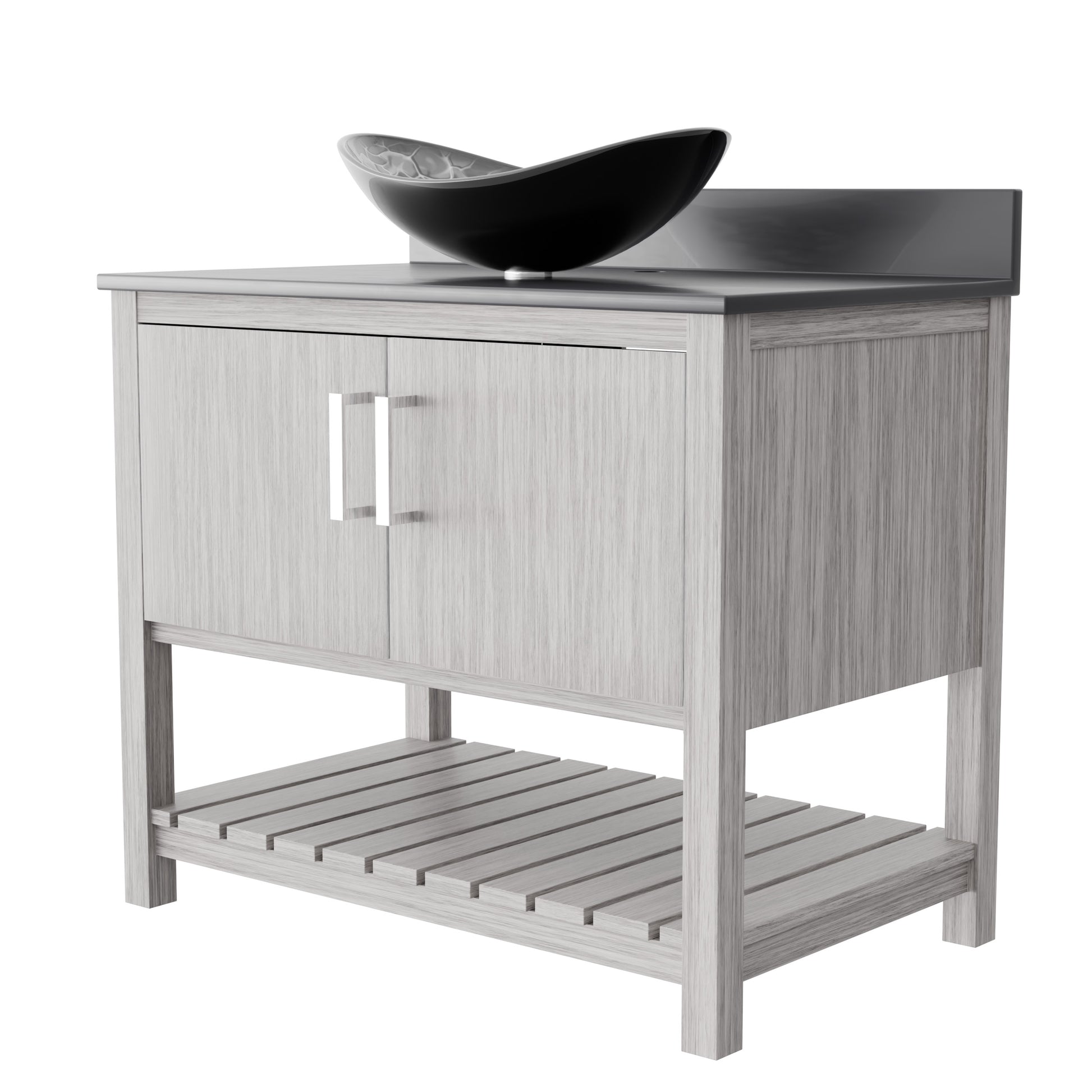 36-inch Novatto bath vanity with storm grey quartz countertop and integrated sink, showcasing modern bathroom accessory design