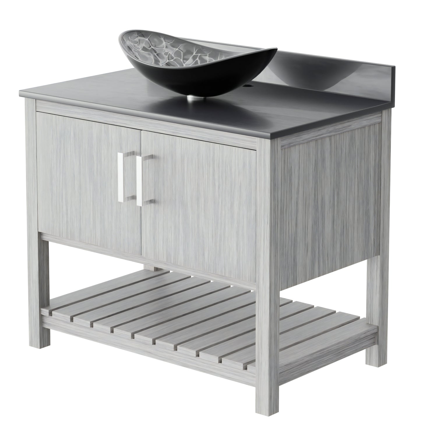 Novatto 36-inch bath vanity with storm grey quartz countertop and integrated sink, modern bathroom accessory.