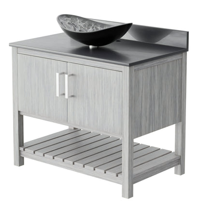 Novatto 36-inch bath vanity with storm grey quartz countertop and integrated sink, modern bathroom accessory.