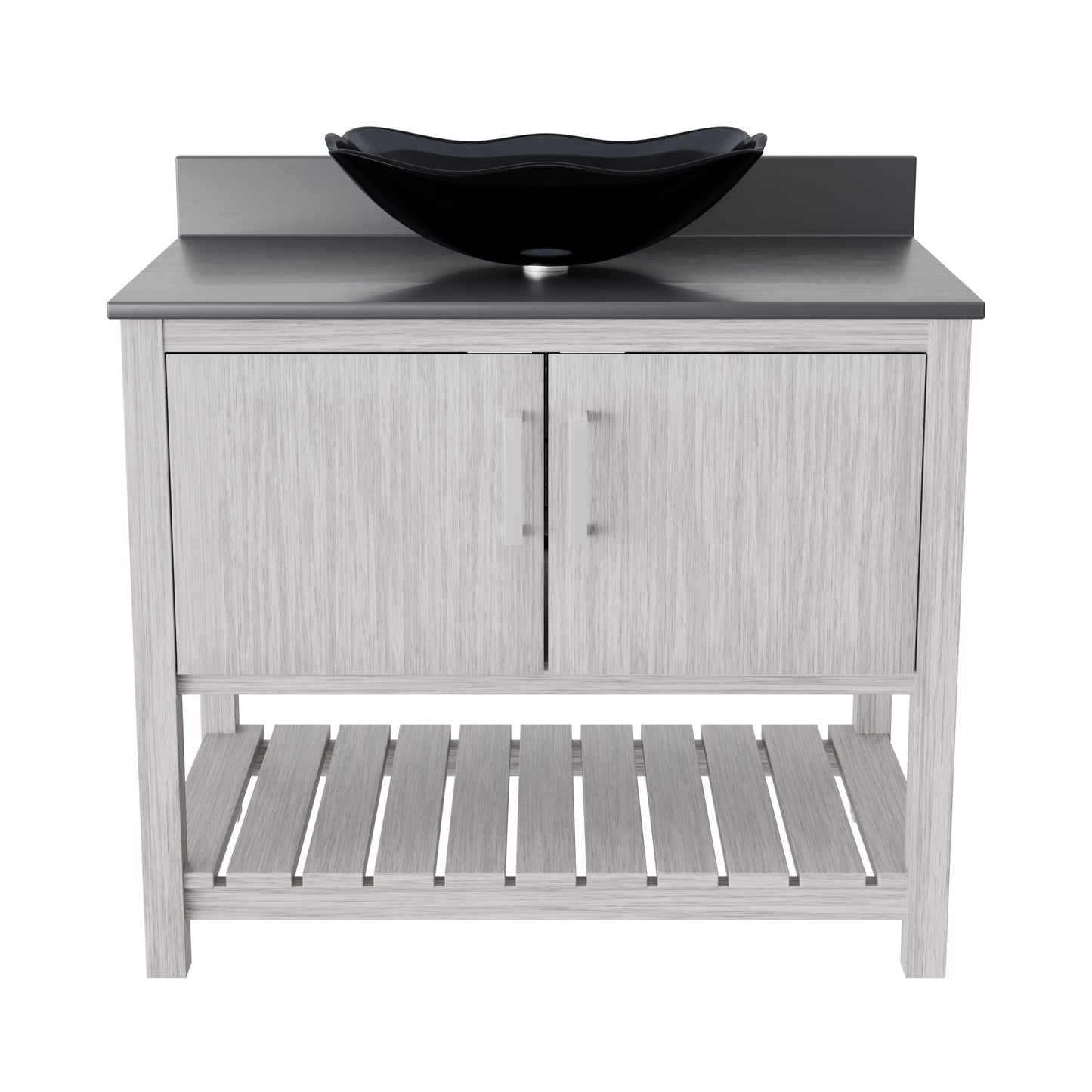 Novatto 36-inch bath vanity with storm grey quartz countertop and integrated sink, modern bathroom accessory.