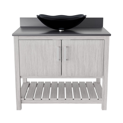 Novatto 36-inch bath vanity with storm grey quartz countertop and integrated sink, modern bathroom accessory.