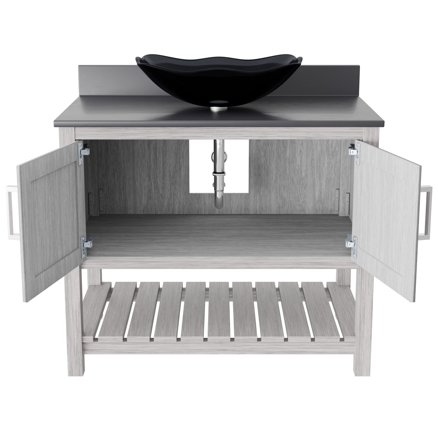 36-inch Novatto bath vanity with storm grey quartz countertop and integrated sink, showcasing sleek bathroom accessory design.