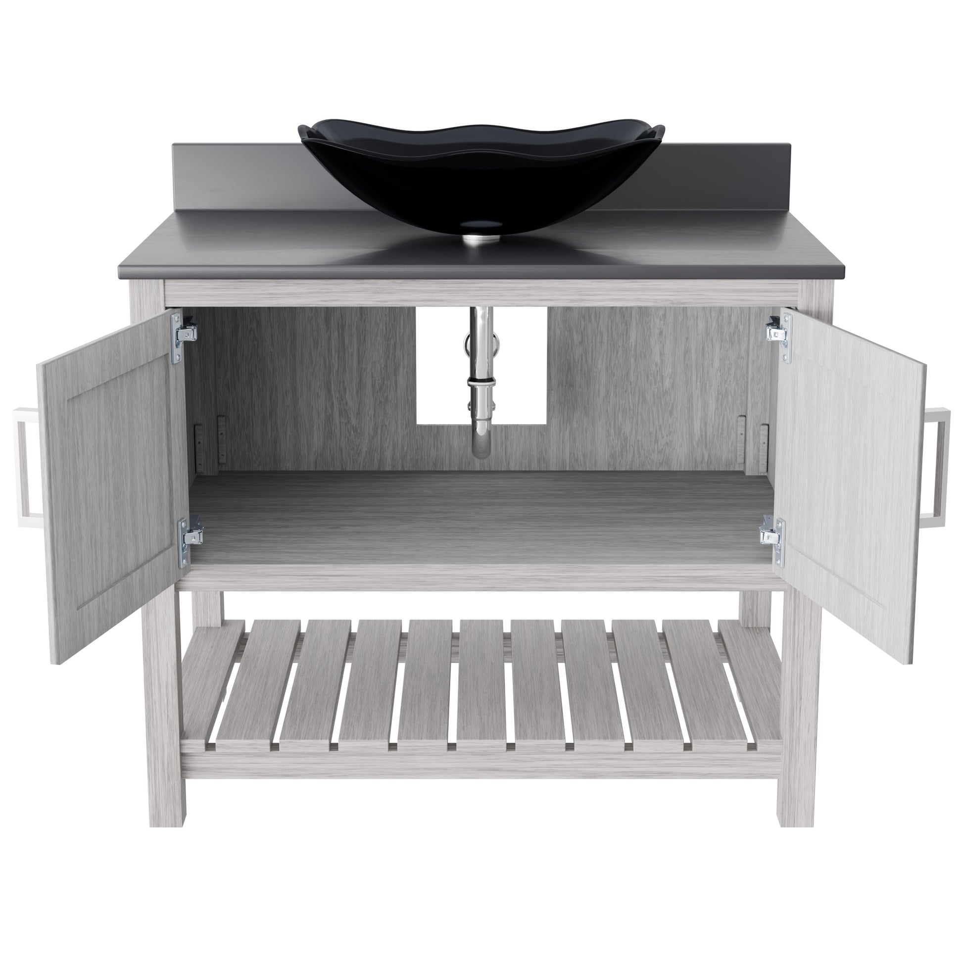 36-inch Novatto bath vanity with storm grey quartz countertop and integrated sink, showcasing sleek bathroom accessory design.