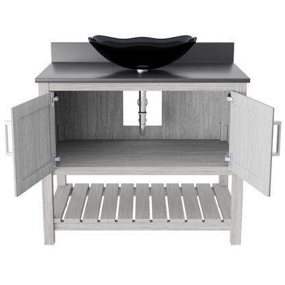 36-inch Novatto bath vanity with storm grey quartz countertop and integrated sink, showcasing sleek bathroom accessory design.