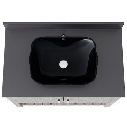 36-inch Novatto bath vanity with storm grey quartz countertop and integrated sink, showcasing modern bathroom accessory design.