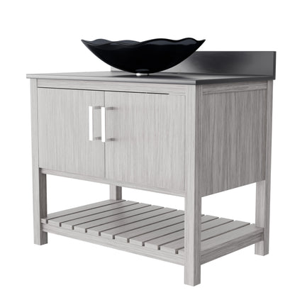 36-inch Novatto bath vanity with storm grey quartz countertop and sink, showcasing sleek modern bathroom accessory design.