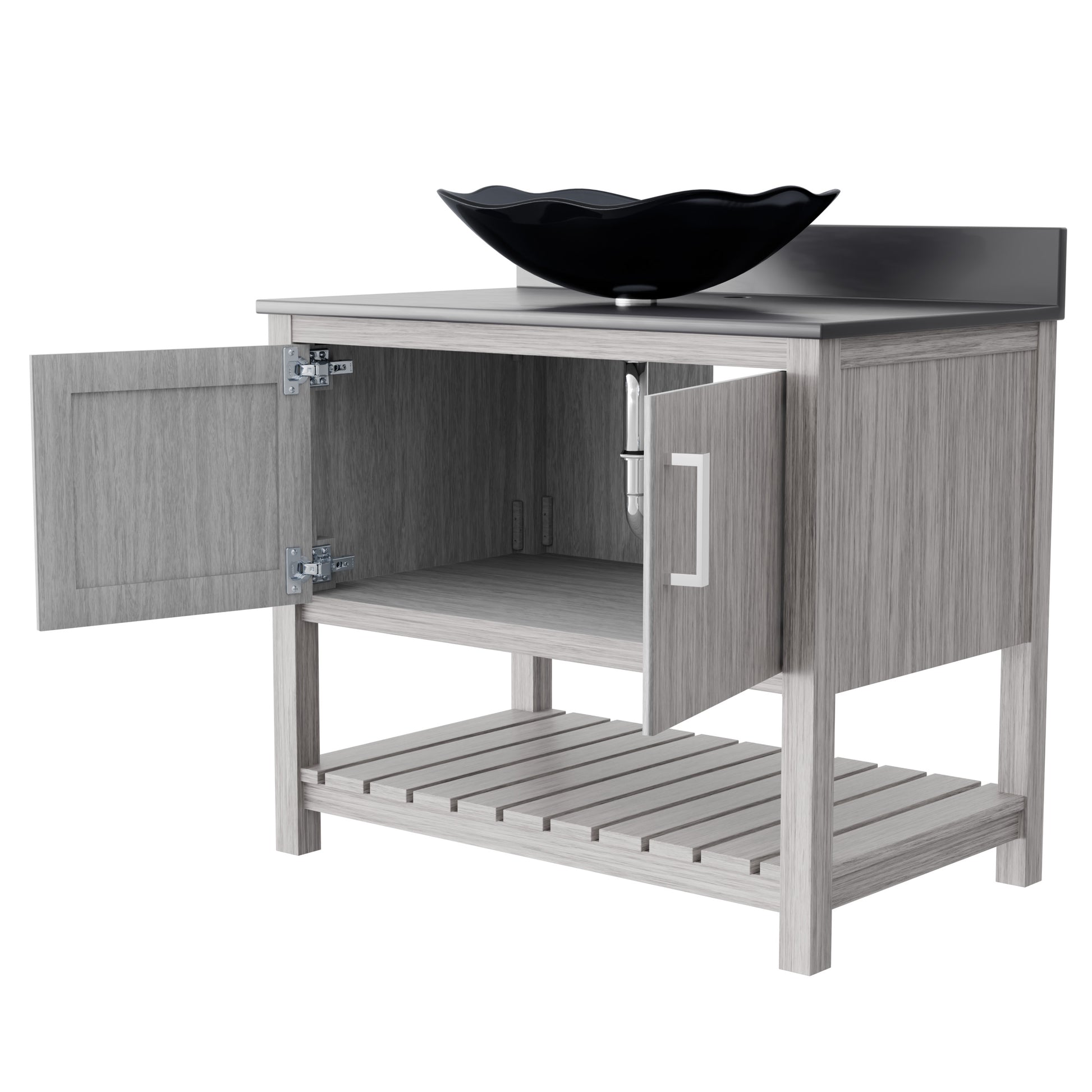 36-inch Novatto bath vanity with storm grey quartz countertop and sink, shown with modern design and sleek finish.